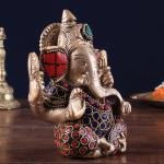 Pure Brass Lord Ganesha | 5" x 4" x 2.5" | 0.8 kg | Stone Inlay Work | Portable Sacred Art | Perfect Gift Size | Jaipurio